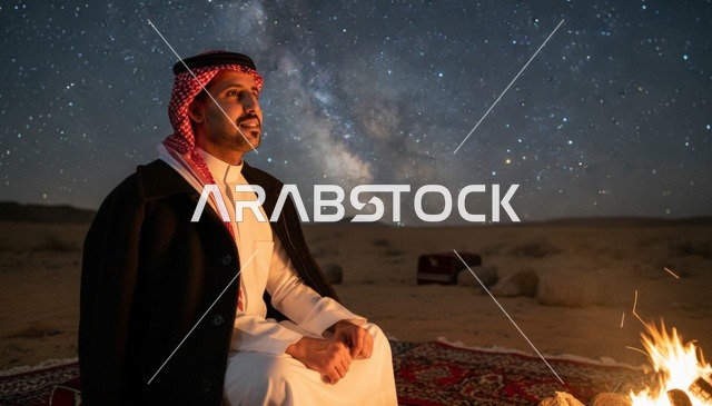 رجل سعودي يجلس بجانب نار المخيم تحت سماء الليل