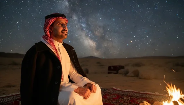 رجل سعودي يجلس بجانب نار المخيم تحت سماء الليل