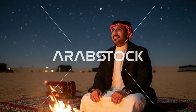 رجل سعودي يجلس بجانب شبة نار في الصحراء ليلاً