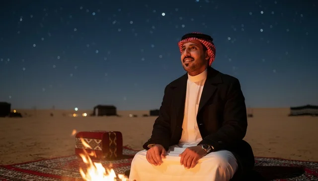 Saudi Man Sitting by Desert Campfire at Night