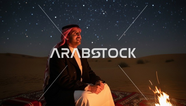 رجل سعودي بجانب النار في الصحراء تحت النجوم