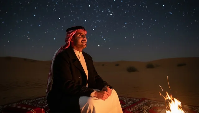 رجل سعودي بجانب النار في الصحراء تحت النجوم