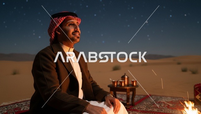 رجل سعودي في الصحراء ليلاً بجانب شبة النار