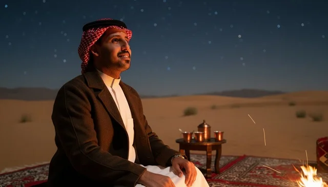 Saudi Man in Desert Night Campfire with Stars