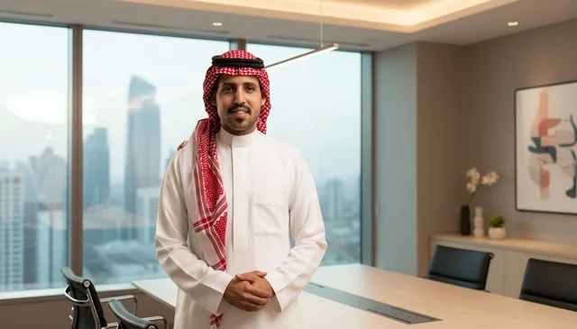 رجل أعمال سعودي في مكتب حديث يطل على المدينة
