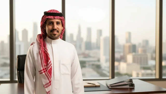 رجل أعمال سعودي بالزي التقليدي في المكتب
