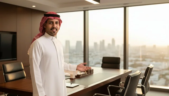 رجل أعمال سعودي في مكتب شركة حديث مع إطلالة رجل أعمال سعودي في مكتب شركة حديث مع إطلالة