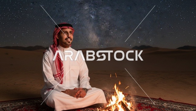 رجل سعودي بجانب شبة نار في الصحراء تحت النجوم