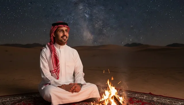 Saudi Man by Campfire in Desert Under Starry Sky