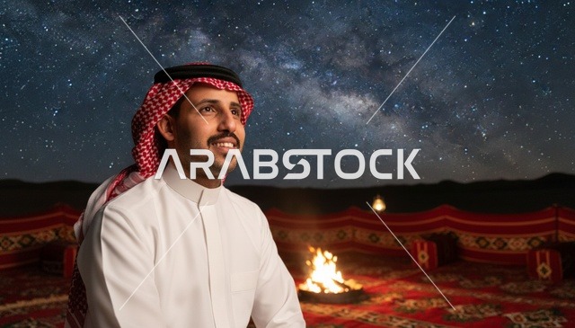 رجل سعودي في مخيم صحراوي تحت سماء النجوم ليلاً