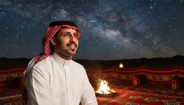 رجل سعودي في مخيم صحراوي تحت سماء النجوم ليلاً