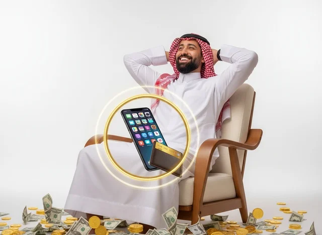 Saudi Man with Money and Digital Banking Graphic