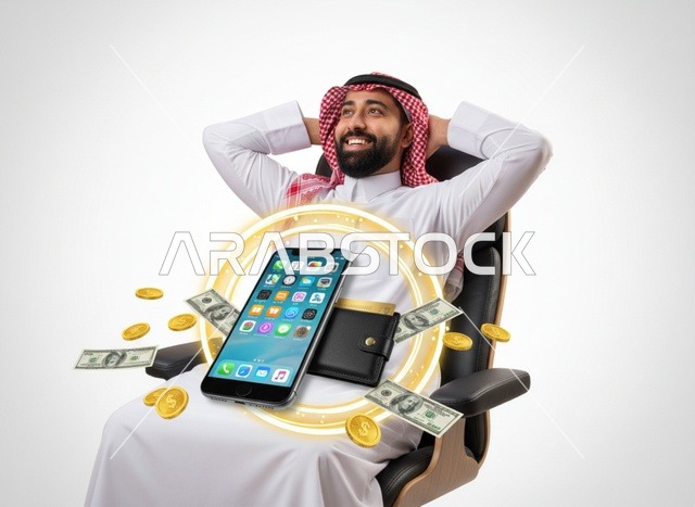 رجل سعودي في المكتب مع هاتف ومال
