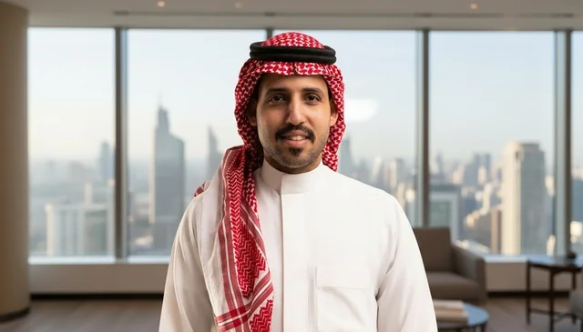 رجل أعمال سعودي بالزي التقليدي في مكتب حديث