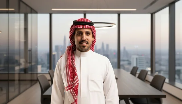Saudi Businessman in Modern Office with City Skyline