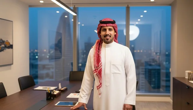 Saudi Businessman in Modern Corporate Office at Dusk