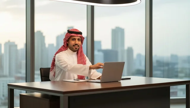 Saudi Businessman Working in Modern Office with Skyline