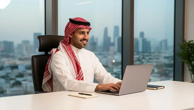 Arab Businessman Working on Laptop in Modern Office