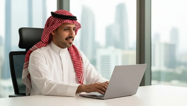 رجل سعودي يعمل على الكمبيوتر في مكتب حديث