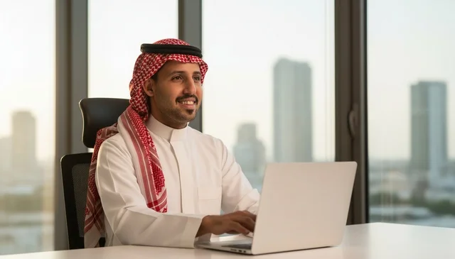 Saudi Businessman Working on Laptop in Modern Office