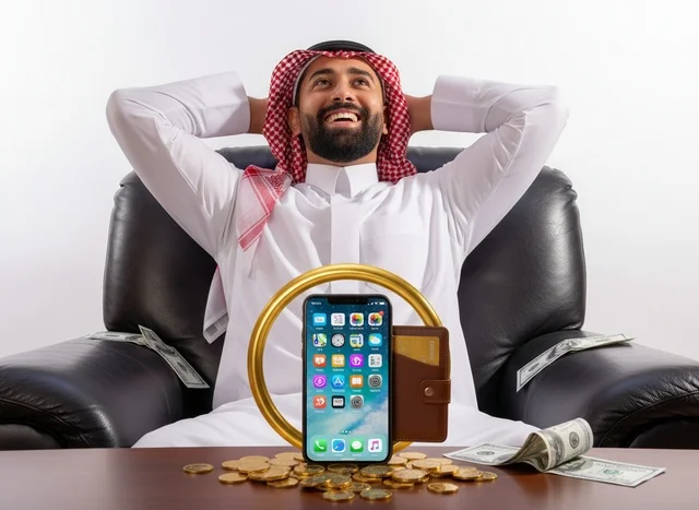 رجل سعودي مع أموال وهاتف ذكي رمز للنجاح المالي