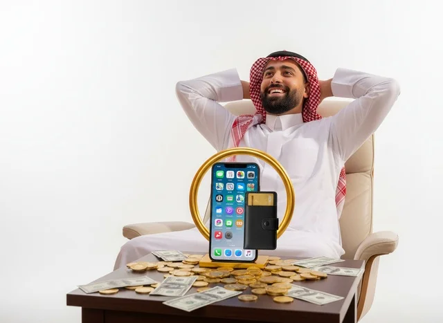 رجل أعمال سعودي مع نقود وتطبيقات مالية إلكترونية