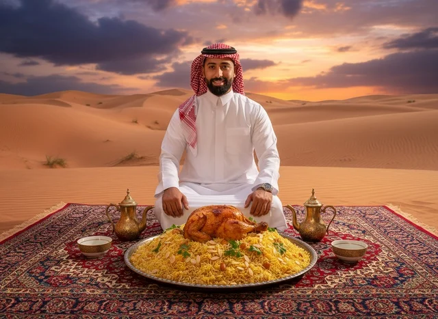 Saudi Man Eating Traditional Mandi in Desert Sunset Saudi Man Eating Traditional Mandi in Desert Sunset