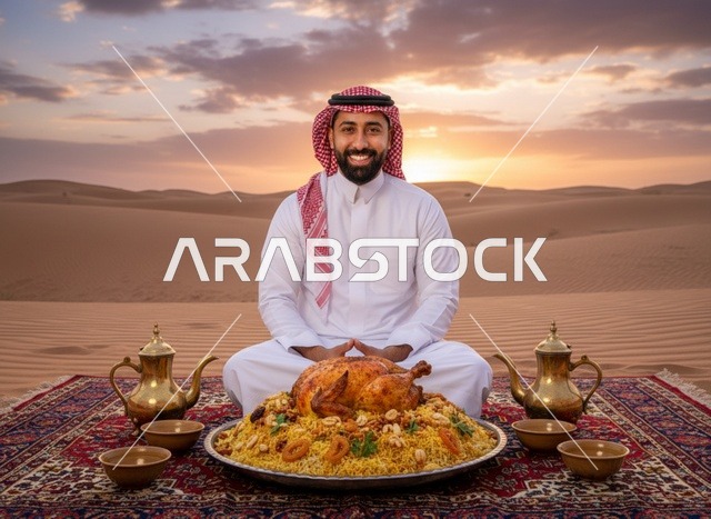 رجل سعودي مع طعام تقليدي في الصحراء وقت الغروب