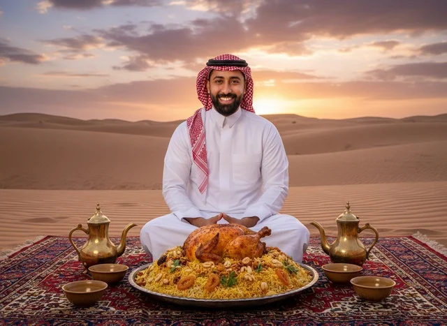 رجل سعودي مع طعام تقليدي في الصحراء وقت الغروب