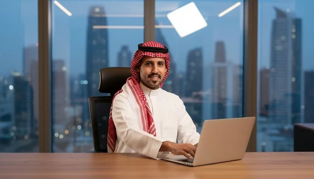 Saudi Businessman Working on Laptop in Modern Office