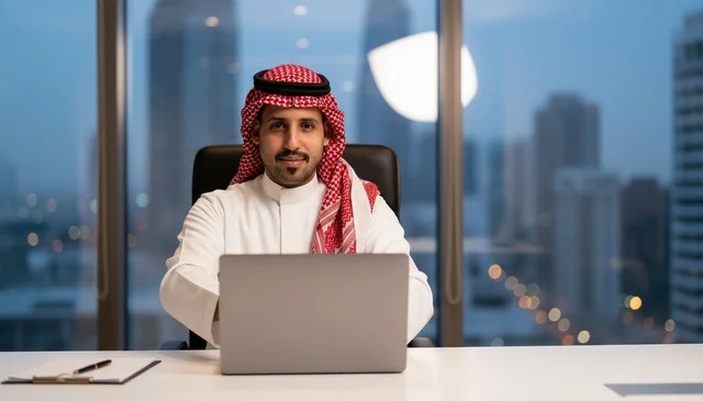 رجل أعمال سعودي مع حاسوب محمول في مكتب حديث ليلاً