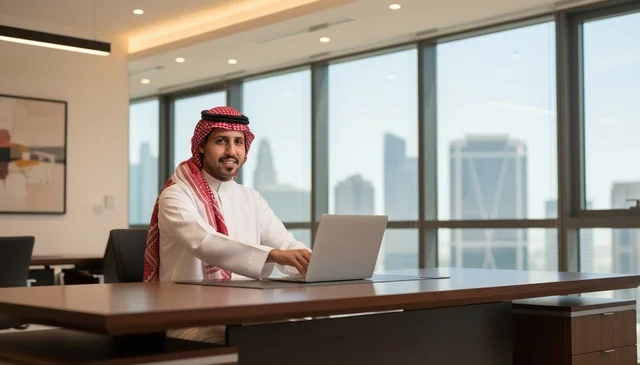 رجل أعمال سعودي في مكتب حديث مع كمبيوتر محمول