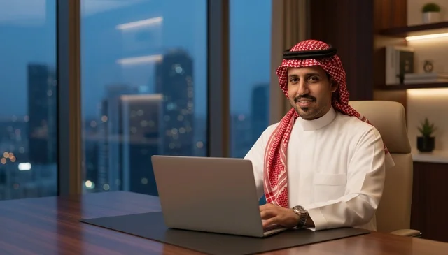 رجل أعمال سعودي مع حاسوب في مكتب حديث