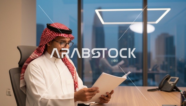رجل أعمال سعودي يقرأ مستنداً داخل مكتب حديث بالليل