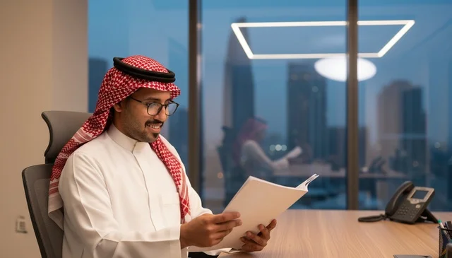 رجل أعمال سعودي يقرأ مستنداً داخل مكتب حديث بالليل