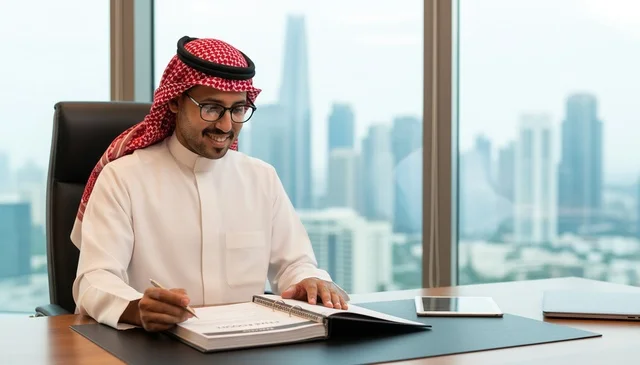 Saudi Businessman Signing Documents in Modern Office