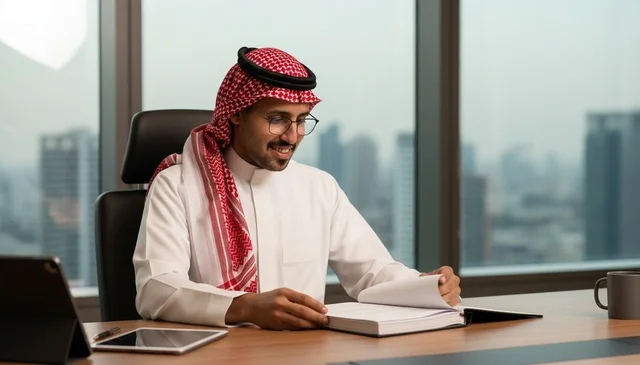 Saudi Businessman in Modern Office with City View
