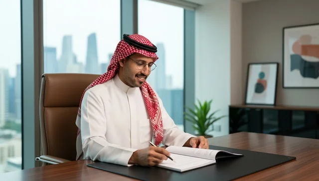 Saudi Businessman Writing at Modern Office Desk