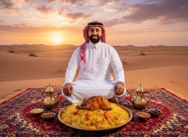 رجل سعودي مع وجبة تقليدية في الصحراء عند الغروب