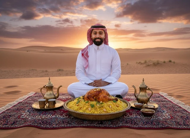 رجل سعودي يتناول المندي التقليدي في الصحراء وقت الغروب