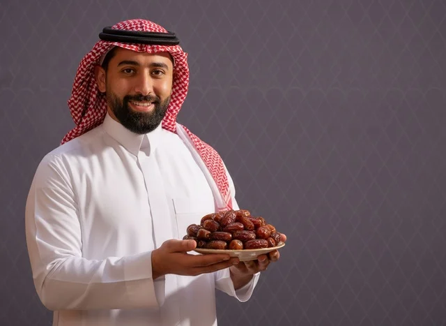 Saudi Man in Traditional Dress Holding Plate of Dates