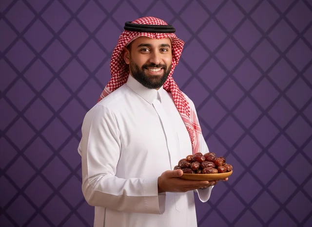 Saudi Man in Traditional Thobe Holding Dates