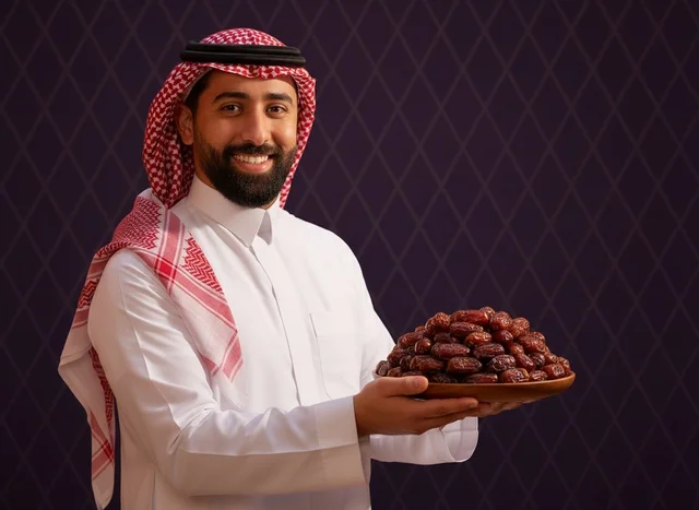 Saudi Man in Traditional Dress Holding Dates Platter Saudi Man in Traditional Dress Holding Dates Platter