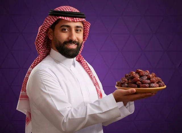 رجل سعودي يحمل طبق تمر بالزي الوطني التقليدي