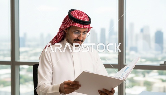 رجل أعمال سعودي يراجع الوثائق في مكتب حديث