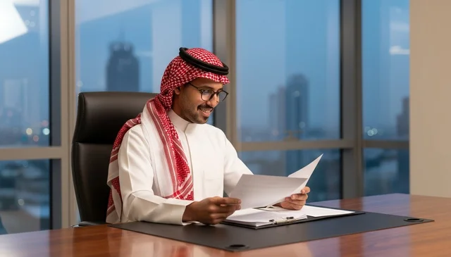 Saudi Businessman Office Reviewing Documents
