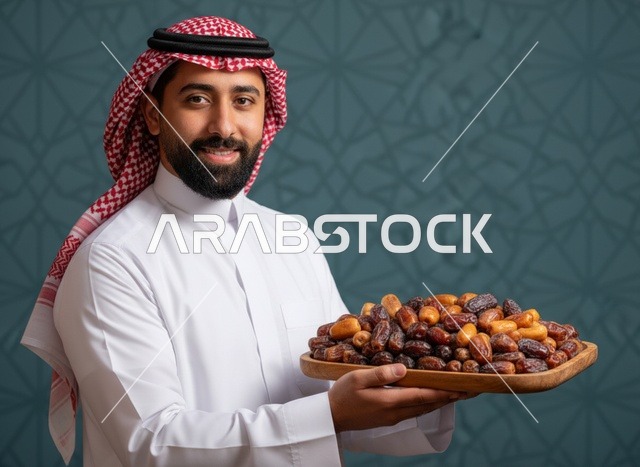 رجل سعودي يحمل طبق تمور بالزي التقليدي السعودي في استوديو
