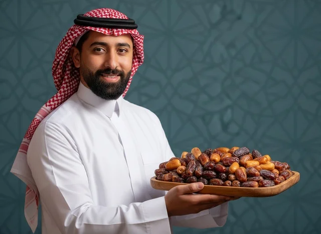 Saudi Man Holding Dates Tray in Traditional Saudi Dress