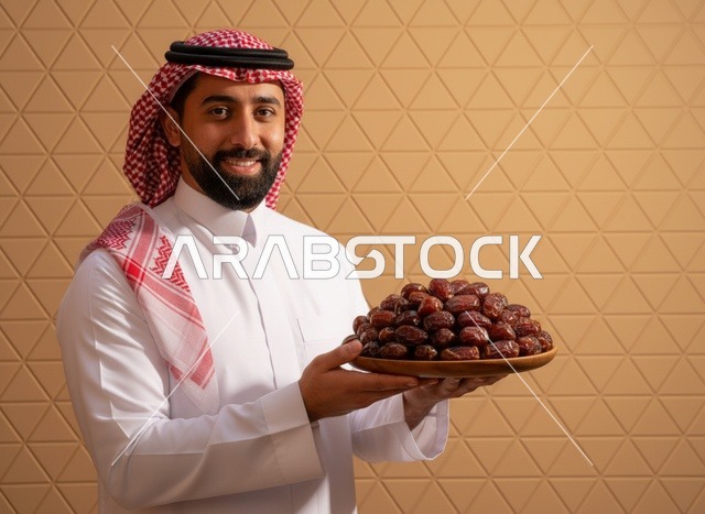 رجل سعودي بالزي التقليدي يحمل طبقاً من التمور الفاخرة