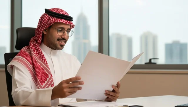 رجل أعمال سعودي في مكتب يراجع مستندات ورقية